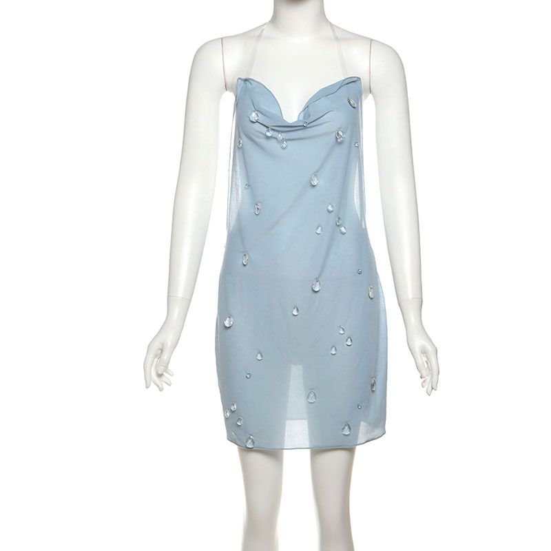 Women's Halter Neck Bodycon Mini Dress 3D Water Tear Decoration High Waist Sexy Summer New European American Style_ecoleips.com