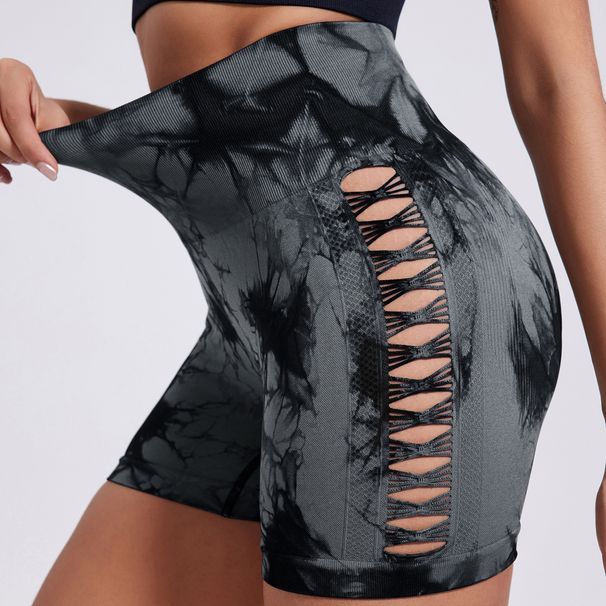 Popular Cross-border High Waist Side Mesh Hanging And Dyeing Yoga Shorts Women's Running Fitness Hip Lifting Tight Sports Three-point Pants_ecoleips.com