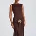 Sexy Solid Color Sleeveless Backless Slit Pleated High Waist Long Dress Women Summer Casual Evening Party Maxi Dress_ecoleips.com