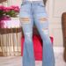 Light Blue Plus Size Stretch Ripped Jeans Wide Leg Flare Denim For Women Regular Thickness Solid Color England Style Fashion_ecoleips.com
