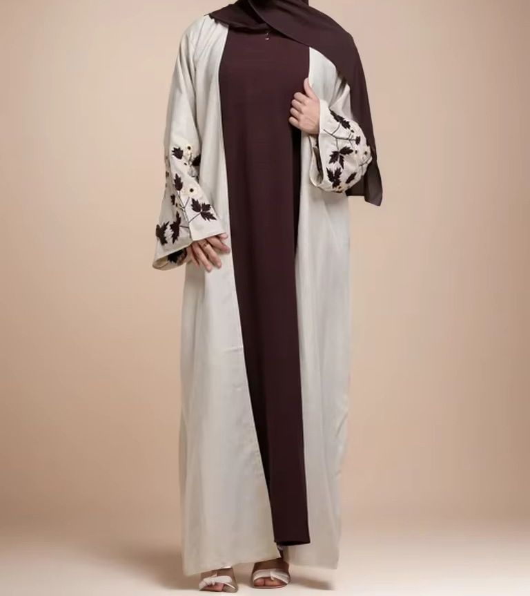 Elegant Embroidered Abaya Dress for Women Long Sleeve Maxi Modest Muslim Dress White Sizes S to XL_ecoleips.com