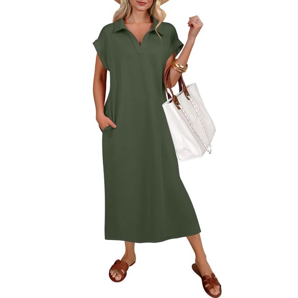 Women's Elegant Loose Polo Collar Knit Dress Long Slit Fashionable Spring Summer_ecoleips.com