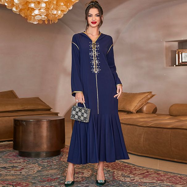 A810 Navy Blue Fashion Handmade Beaded Pleated Dress For Women_ecoleips.com