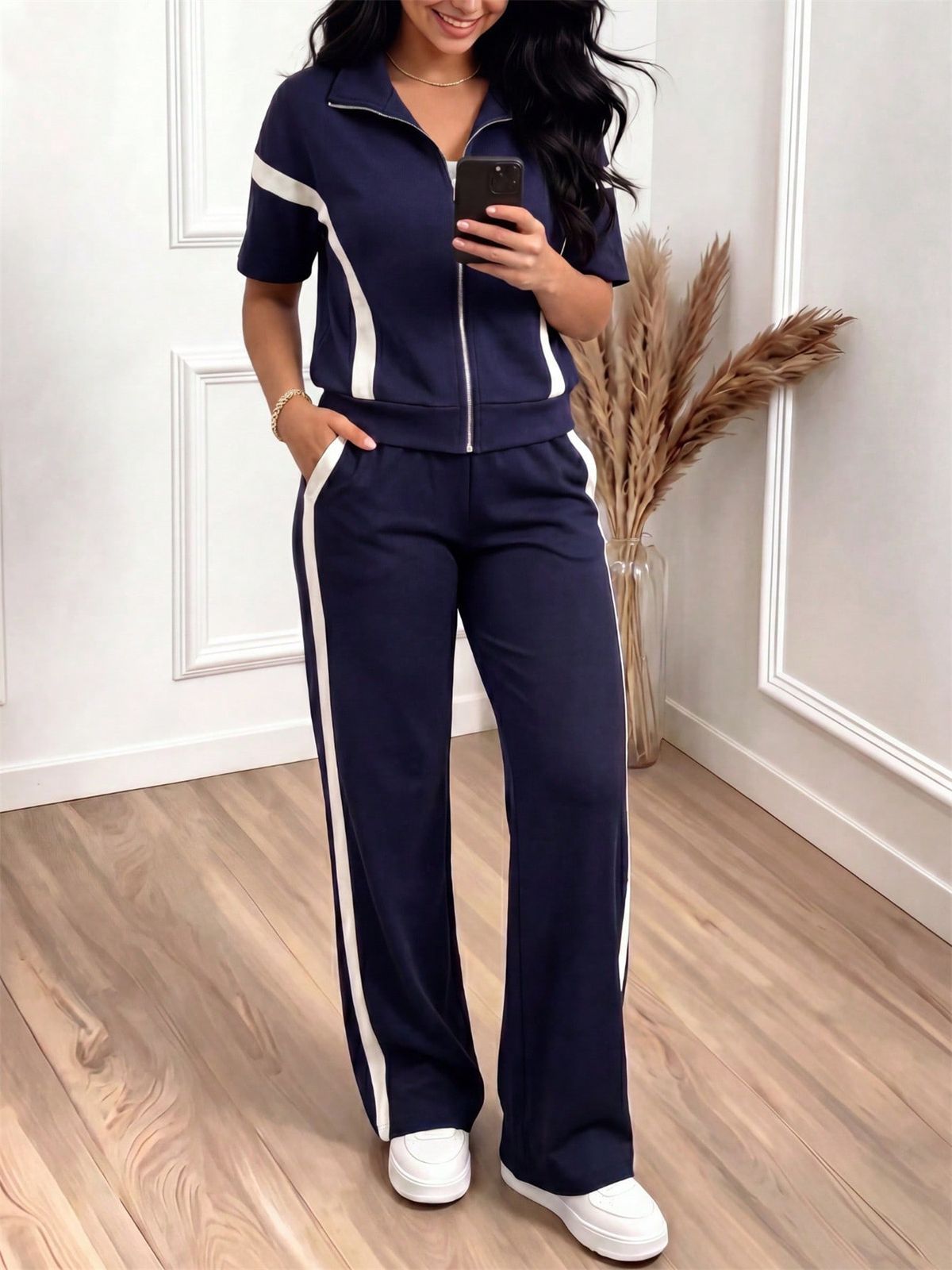Women's Spring Summer Two Piece Set Color Block Short Sleeve Jacket Striped Color Block Straight Leg Pants_ecoleips.com