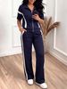 Women's Spring Summer Two Piece Set Color Block Short Sleeve Jacket Striped Color Block Straight Leg Pants_ecoleips.com