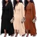 Women's Ribbed Duster Coat And V-Neck Dress Set Stretchy Lounge To Office 2 Piece Outfit S-3XL Black Brown Beige_ecoleips.com