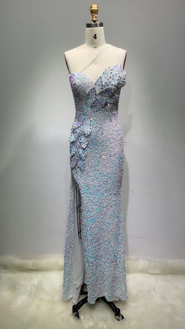 Women's Clothing Sequined Leaf High Slit Dress Stage Host Performance Dress Wedding Dress Evening Dress_ecoleips.com