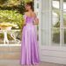 Off-Shoulder Evening Dress Pleated A-Line Formal Ball Gown Satin Slit Style Bridesmaid_ecoleips.com