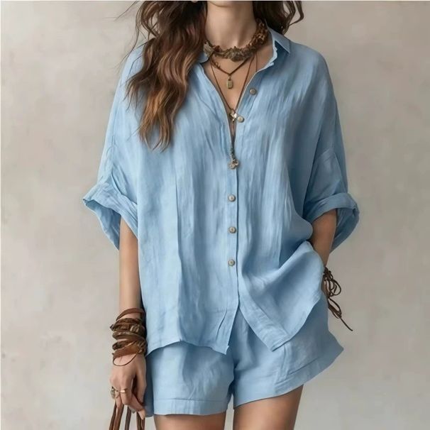 Summer Solid Color Women's Loose Fitting Button down Shirt And Shorts Set Fashion Casual plus Size Clothing_ecoleips.com