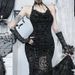 CF25039 Gothic Dark Flocked Halter Neck Slim Fit Long Dress Studded Slit Fishtail Spaghetti Strap New Summer Women's Clothing_ecoleips.com