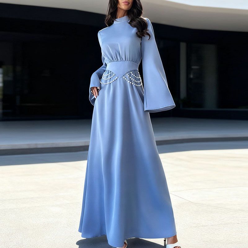 Lady Fashion High Waist Beading Design Long Dress Spring Elegant O Neck Solid Evening Dress Womens Long Sleeve A-Line Maxi Dress_ecoleips.com