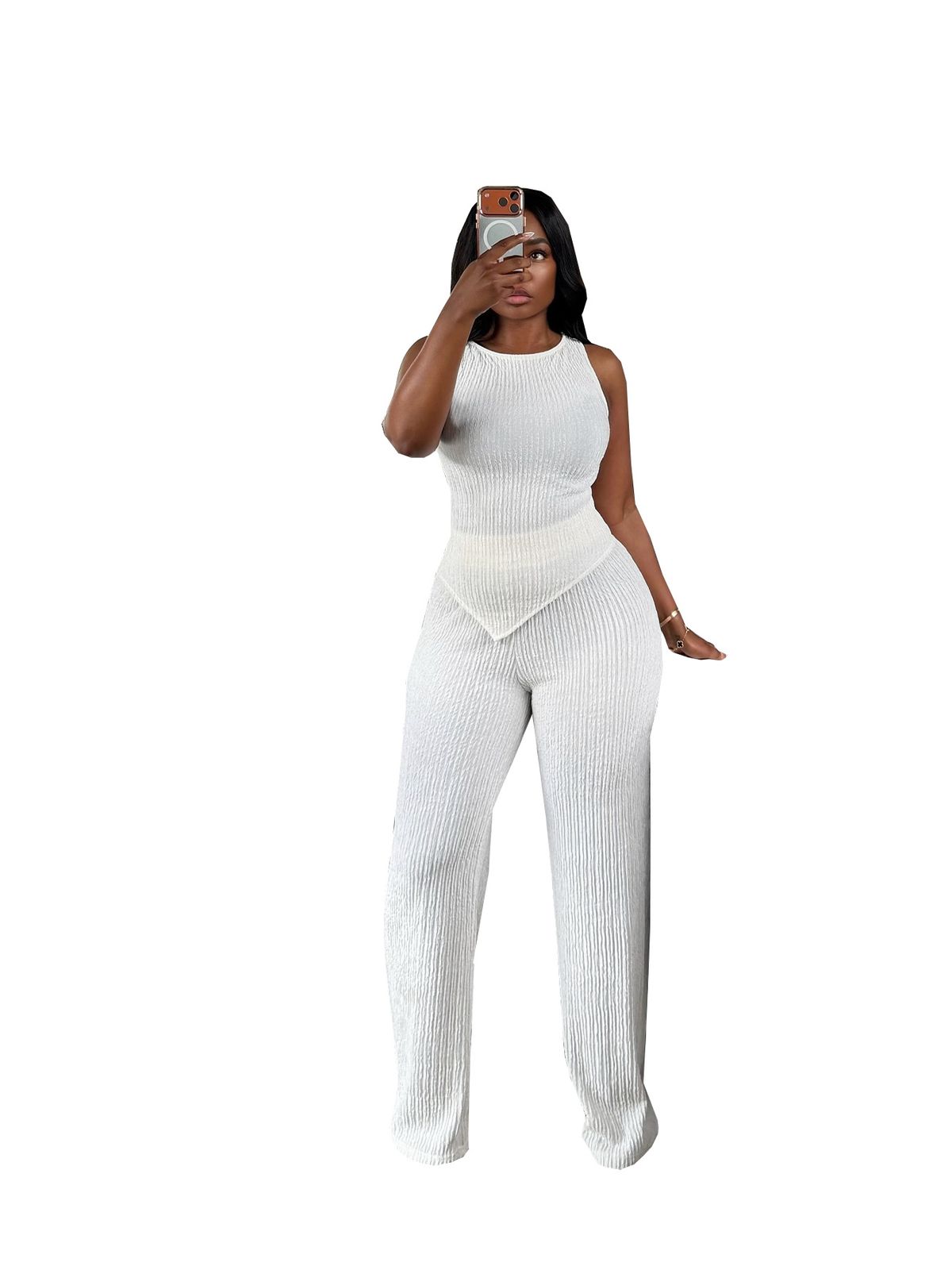 TW890 Women's Fashion Casual Two Piece Set Cross Border European American Style Irregular Vest Top with Solid Color Wide Leg Pants_ecoleips.com