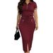 Women's Elegant Style Two Piece Set Short Sleeved Collared Top With Elastic Waist Pockets Front Slit Pencil Skirt_ecoleips.com