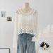 Women's Clothing Solid Color Hollow Hook Flower Round Neck Long Sleeve Short Knitted Sweater Summer New Loose Thin Sunscreen Blouse Tops_ecoleips.com