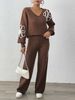 Women's Autumn Winter Casual Outfit Floral Embroidery Ribbon V-Neck Sweater Straight Pants Two-Piece Set_ecoleips.com