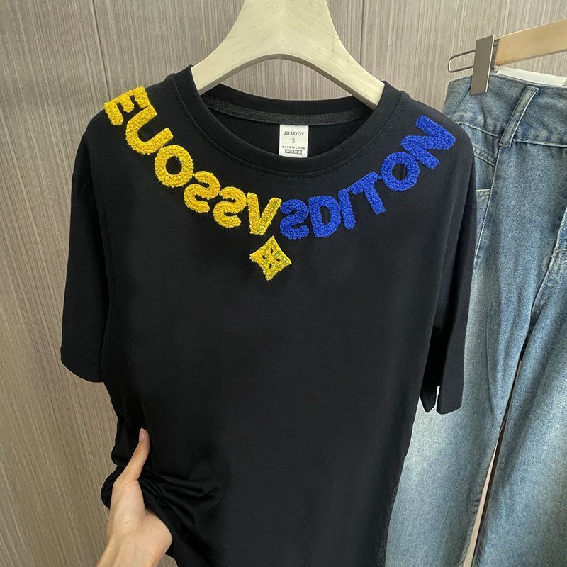 Extra Large Size High-end Vintage Light Luxury Short-sleeve Embroidered T-shirt For Men And Women, Loose College_ecoleips.com