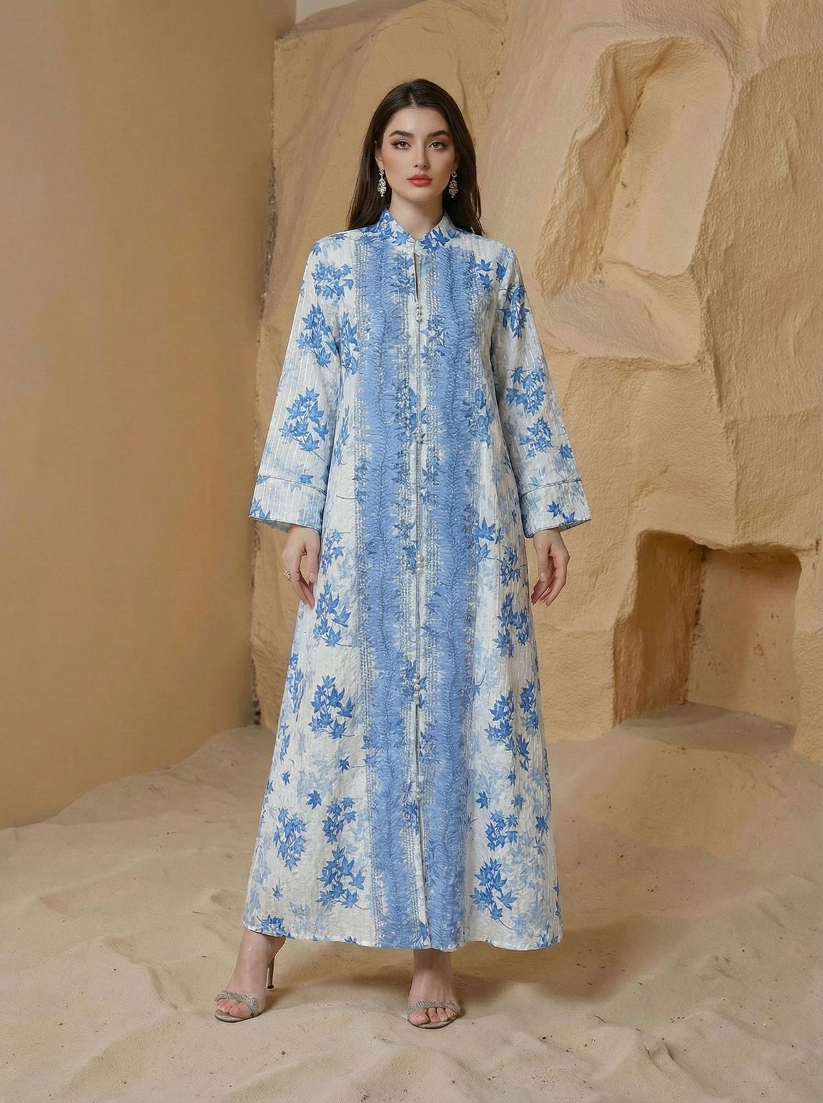 Modest Abaya Dress/Muslim Dress Women Elegant Embroidered Dress - Modest Muslim Long Sleeve Maxi Robe - Dubai Style Islamic Clothing (Blue, Yellow)_ecoleips.com