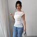 European American Cross-border 2026 Summer New Women's Sequin-decorated Asymmetrical Neck And Ruched Hem T-shirt_ecoleips.com