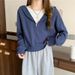 Autumn Winter New Color-Block Navy Collar Half-Zip Sweatshirt For Women Loose Korean Fashionable Versatile Gentle Style_ecoleips.com