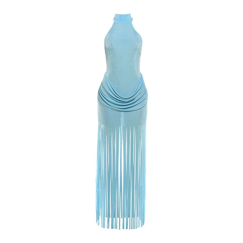 Women's Fashion Backless Dress Tassel Design Halter Neck Sexy Solid Color Vacation Style in Stock_ecoleips.com