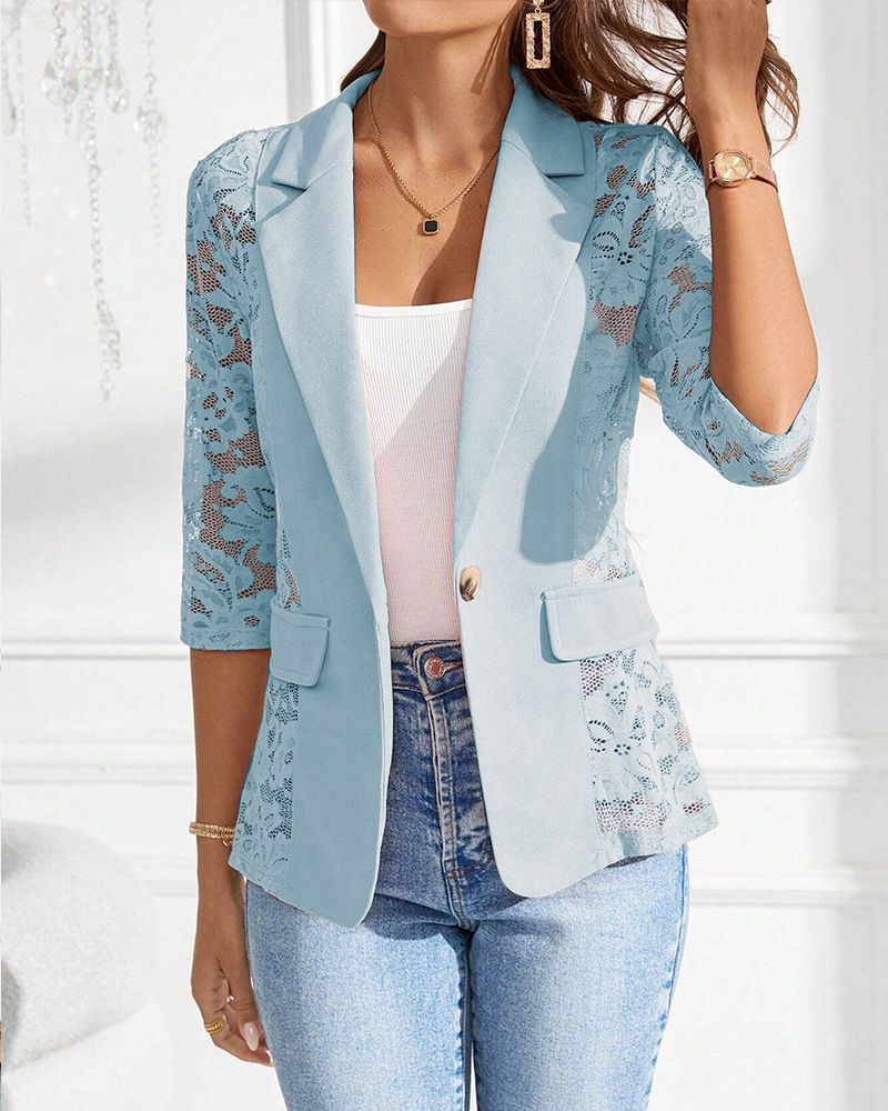 Women's Clothing Lace Stitching Suit Collar Mid Sleeve Jacket_ecoleips.com