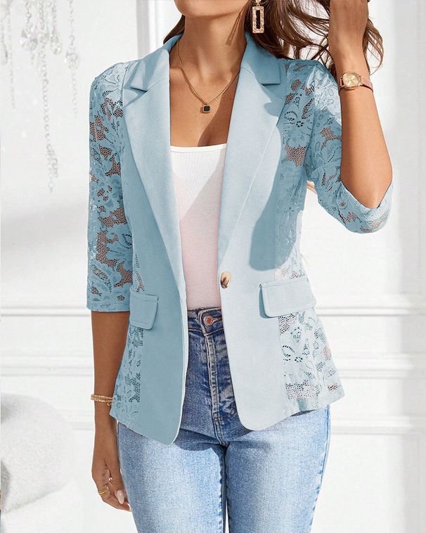 Women's Clothing Lace Stitching Suit Collar Mid Sleeve Jacket_ecoleips.com