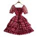 Women's Clothing Style Three Dimensional Flower Square Neck Short Sleeved Dress Female Celebrity Super Fairy Print Waist Slim Cake Mid Length Skirt_ecoleips.com