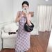 SW Pink And Purple Plaid V-neck With Twited Houlder Trap For Women, 2026 Ummer New Tyle, Pleated Wait Deign_ecoleips.com
