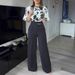 Women's Clothing Retro Black Satin Full Body Floral Trumpet Sleeve Top Suit High Waist Casual Commuter Trousers_ecoleips.com