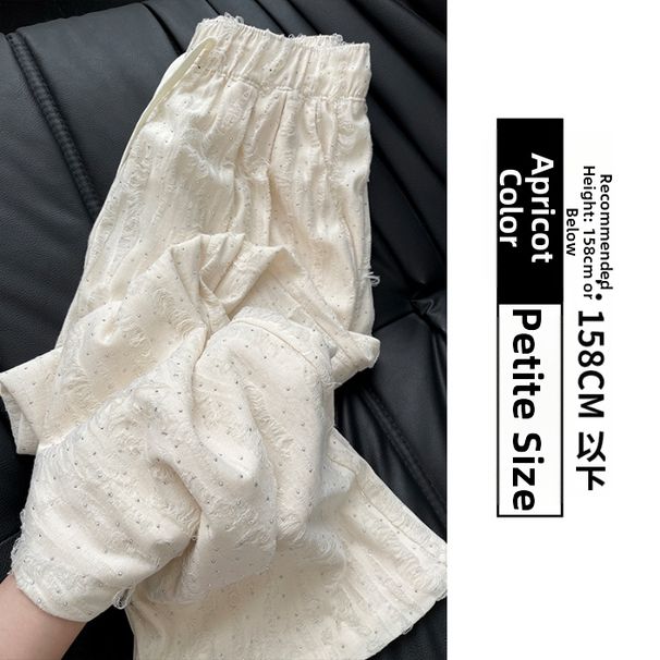 Women's White Wide Leg Pants High Waisted Drawstring Flowy Casual Distressed Rhinestones Thin Straight Summer Style_ecoleips.com