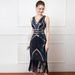 Women's Clothing sexy sequined deep V-neck dance host performance dress cocktail party sleeveless mesh dress_ecoleips.com