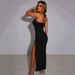 Women Glamorous Figure‑Flattering Maxi Dress With Trendy Halter Neck, Chest‑Accentuating Ruched Detail & Dramatic High Side Slit_ecoleips.com