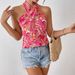 Floral Cross Front Halter Top - Summer Vacation Style Sleeveless Blouse For Women_ecoleips.com