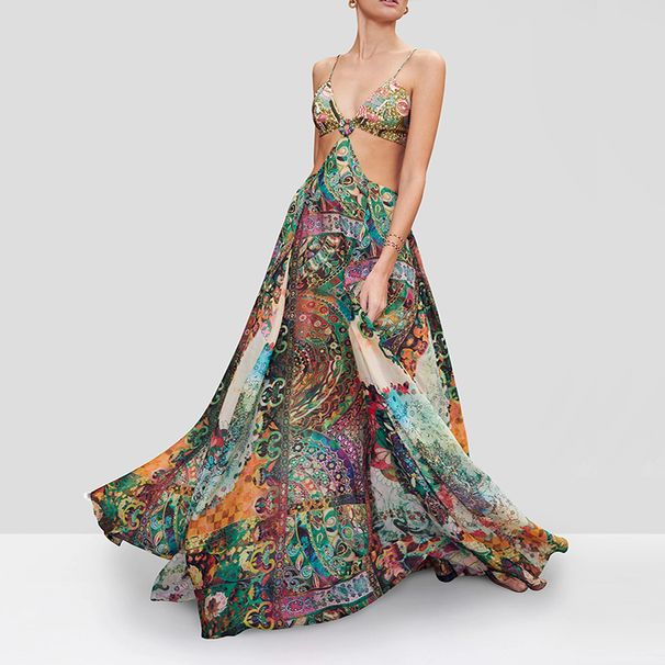 Women's Clothing Long Skirt Slim And Tall Temperament Printed Chest Round Button Printed Dress_ecoleips.com