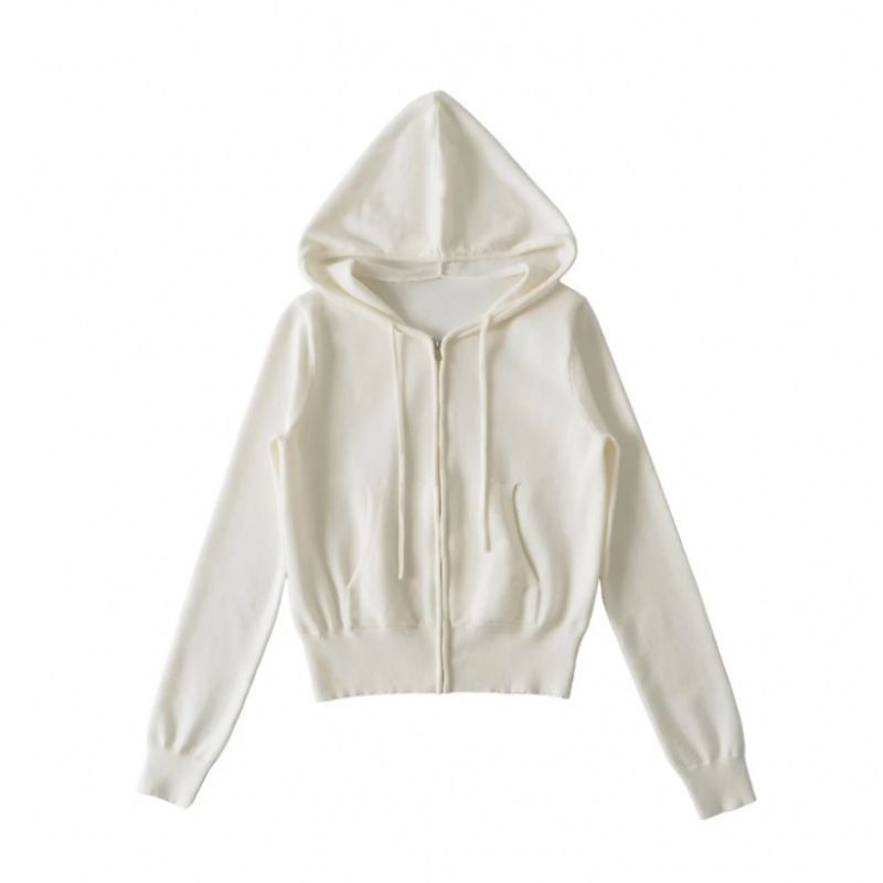 Women's Knitted Hooded Zip-Up Long Sleeve Sweatshirt - Short Length With Pockets & Drawstring - Casual Streetwear Pullover_ecoleips.com