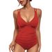 Women's Sexy V-Neck One-Piece Swimsuit - Tummy Control Bathing Suit, Retro High Waist Swimwear For Women_ecoleips.com