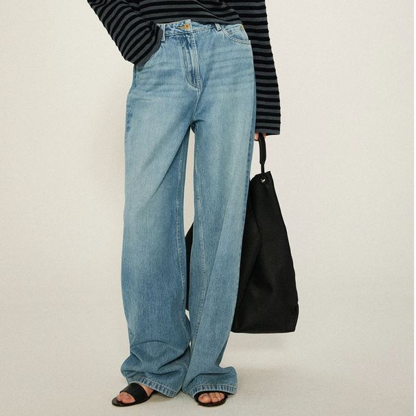 Women's Clothing Spring And Autumn Gold Button Loose Straight Casual Pants High Waist Mopping Pants_ecoleips.com