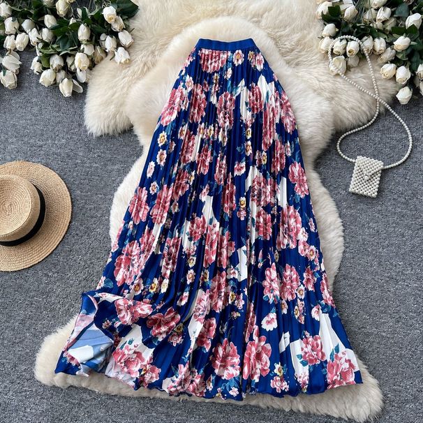 Women's Retro Print Pleated Skirt High Waist A-Line Midi Skirt Elastic Waist Fashion Long Skirt for Commuting Summer_ecoleips.com