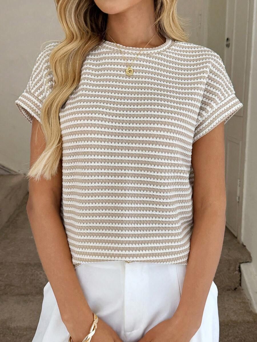 Women's Clothing Round Neck Pullover Short Sleeve Top Two Tone Knitted Summer New Arrival_ecoleips.com