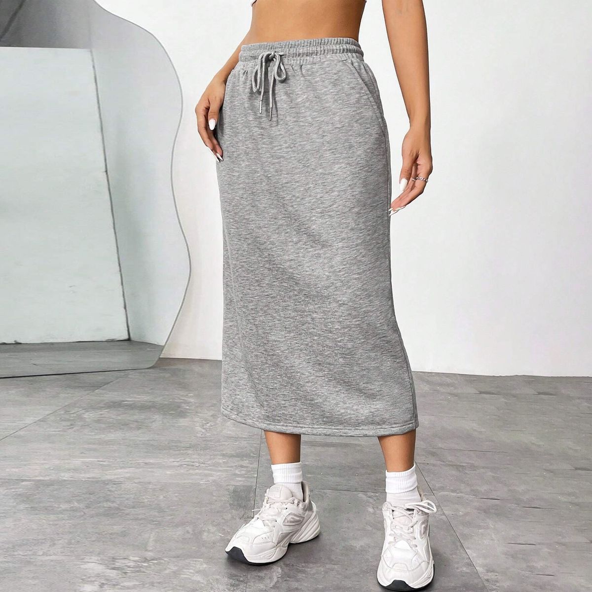 2025 Sports, Leisure, Commuting, Loose Elastic Waist, Solid Color Skirt, Split_ecoleips.com