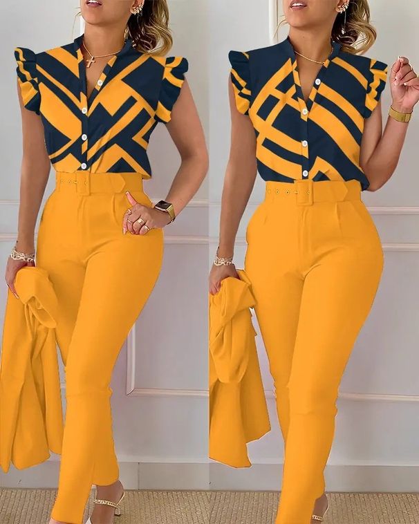 2025 European And American New Fashion Printed Women's Pants Set Two Piece Suit Lotus Leaf Sleeve Top Solid Color Pants Set With Belt_ecoleips.com