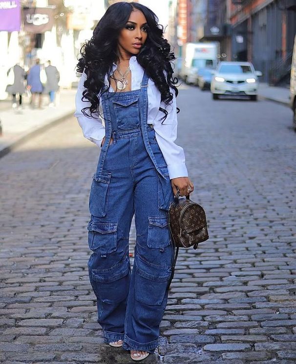 Women's Clothing Loose Denim Suspenders Fashion Multi Pocket Jumpsuit_ecoleips.com