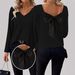 European And American Women's V-Neck Solid Color Sweater Autumn New Long Sleeve Casual Loose Bowknot Top For Women_ecoleips.com