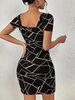 Women Dress Square Neck Short Sleeve Geometric Print Bodycon Mini Dress Sleek Spring Summer Chic Party Club Night Out Flattering_ecoleips.com