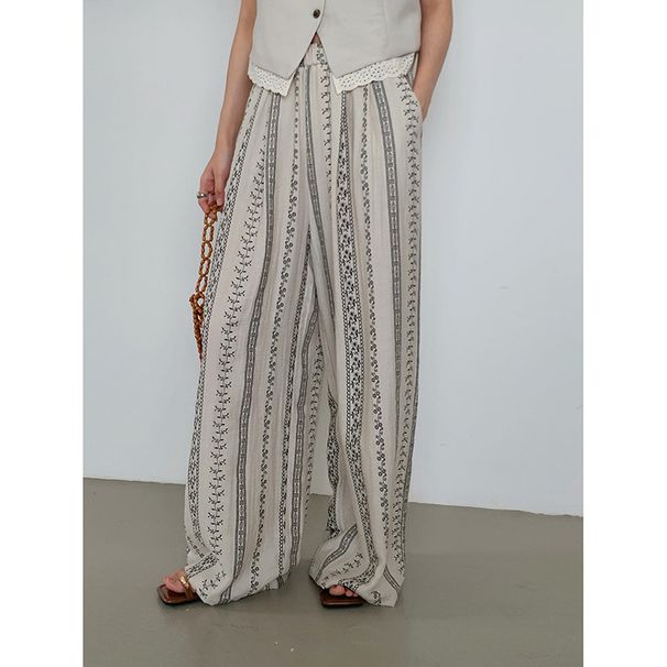 Women's Clothing Retro Printed Wide Leg Pants New Summer Lazy Style Linen Casual Pants_ecoleips.com