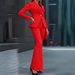 Women's Clothing Red Single Button Suit Set European And American Style Fashionable Waist Cinching Belted Flared Pants Professional Two Piece_ecoleips.com