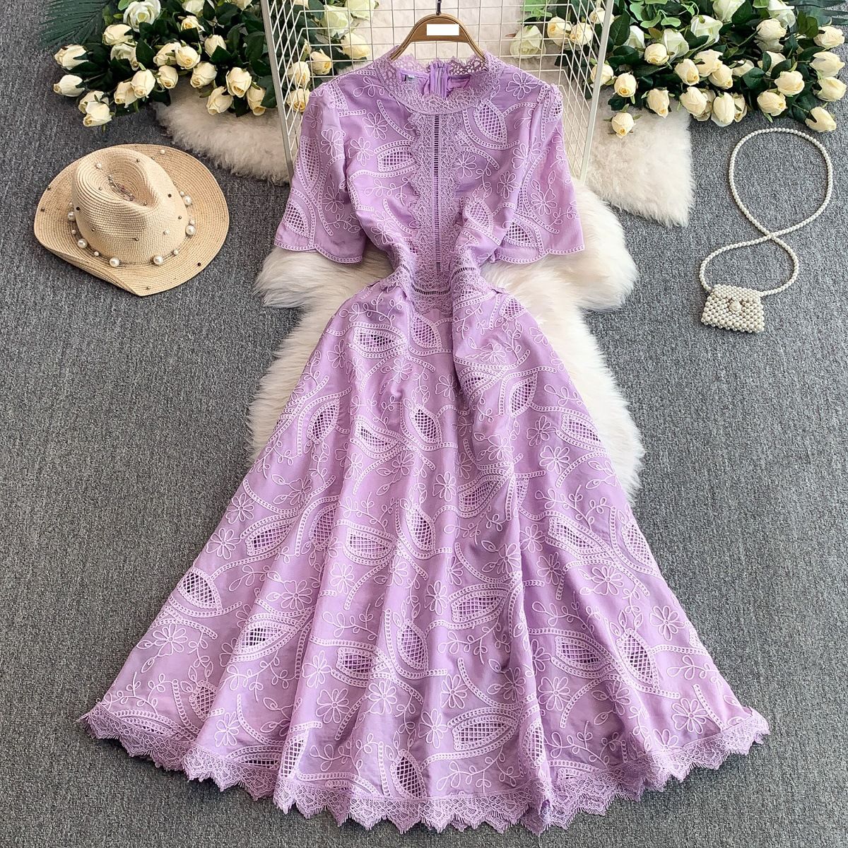 Women’s Clothing High End Stand Up Collar Short Sleeved Dress For Women New Style Celebrity Lace Hollow Waist Slim Long Skirt_ecoleips.com