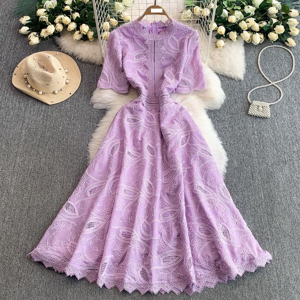Women’s Clothing High End Stand Up Collar Short Sleeved Dress For Women New Style Celebrity Lace Hollow Waist Slim Long Skirt_ecoleips.com
