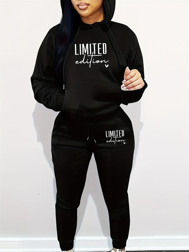 Women's Autumn/Winter Fashion Leisure LIMITED Letter Pattern Print Thickened Velvet Warm Hoodie+Sports Pants Set-796_ecoleips.com