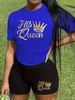 Summer Women's Casual Fashion Queen Letter Print Loose T-shirt Shorts Two-piece Sportswear Suitable For Daily Wear-126_ecoleips.com